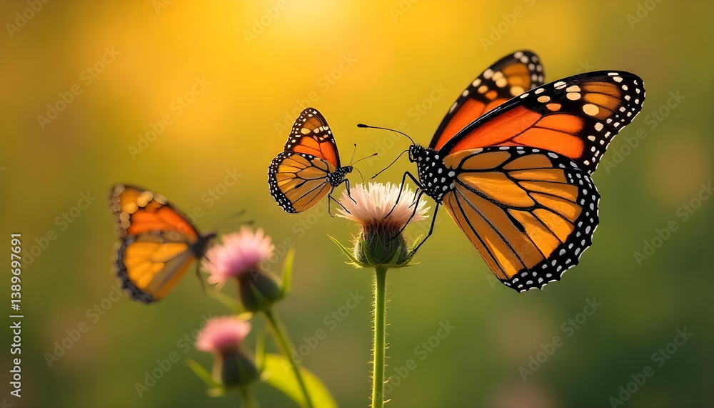 Fototapeta premium Monarch butterflies gracefully land on a flower in a beautiful, sunlit summer scene.