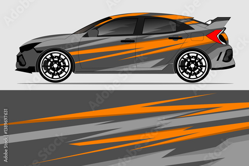 Sleek gray and orange sports car design with dynamic stripes, showcased against a minimalist background