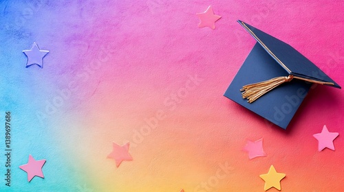 Whimsical rainbow graduation card mockup featuring raised foil stars diploma icon clean space below main graphic for namesdates