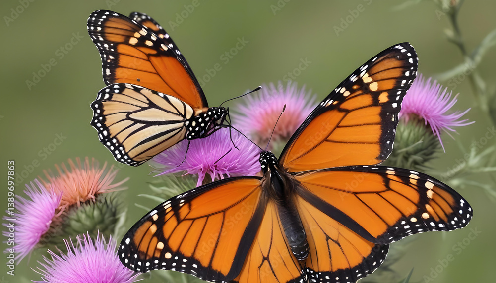 Fototapeta premium Two monarch butterflies, vibrant in color, rest on purple thistle flowers on a sunny day.