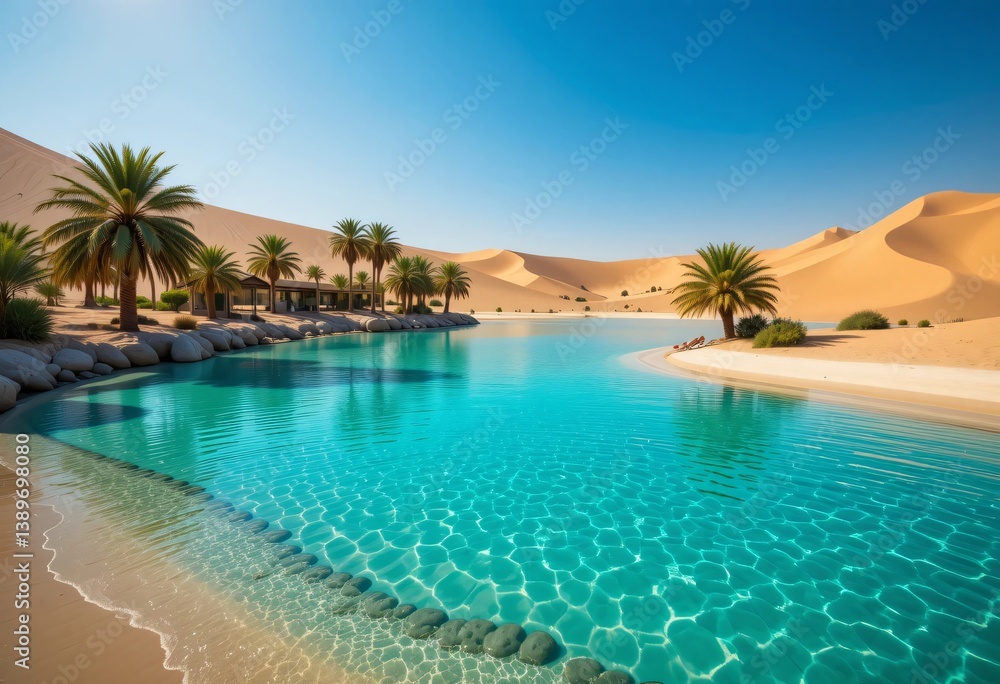 A serene oasis in a desert landscape featuring clear turquoise water, golden dunes, and lush palm trees, conveying a sense of tranquility and natural beauty. A serene oasis in a desert landscape featuring clear turquoise water, golden dunes, and lush palm trees, conveying a sense of tranquility and natural beauty.