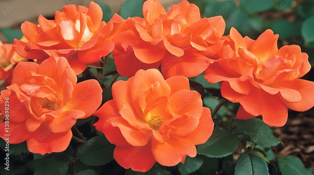 Vibrant Orange Roses Close Up Bush Bloom Flowers Vibrant Orange Roses Close Up Bush Bloom Flowers