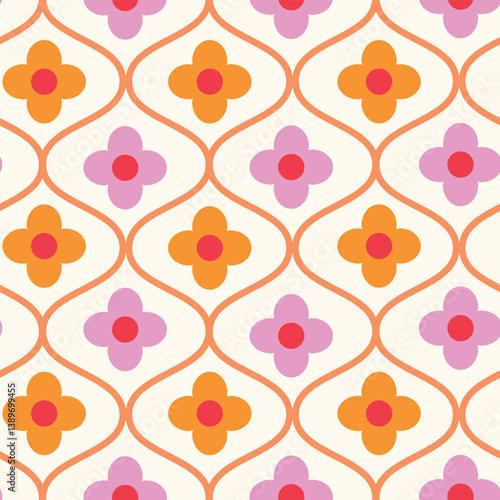 Retro Pink and Orange flowers on vintage ogee seamless pattern. For home décor, wallpaper and fabric