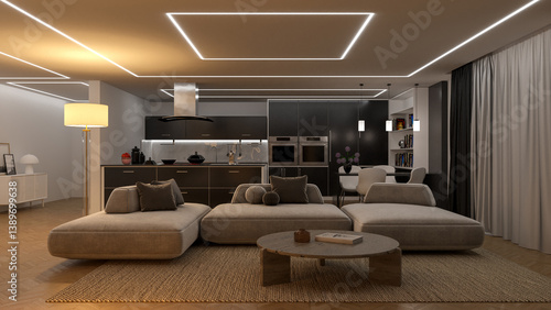 Modern, minimalist open-concept interior featuring a living room