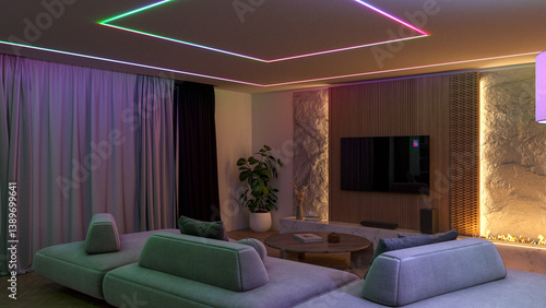 Modern living room with prominent RGB LED lighting