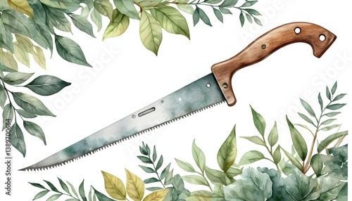 Vintage Saw Illustration with Green Leafy Border for Crafting Projects