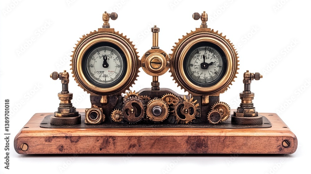 Steampunk clock with gears, brass, wood base. Steampunk clock with gears, brass, wood base.