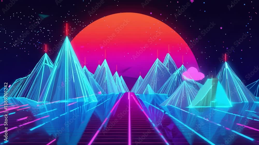 Synthwave retro futuristic landscape with glowing mountains and road