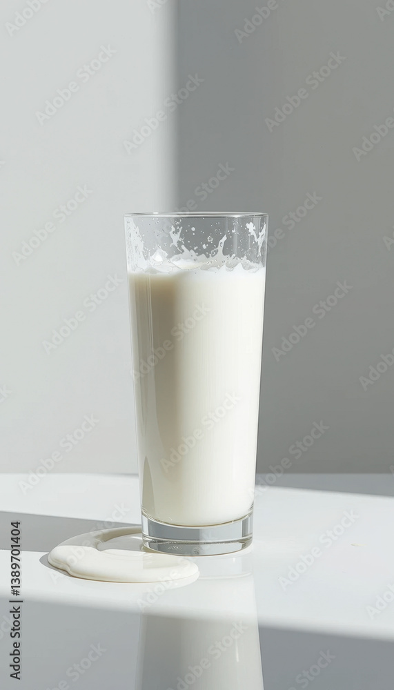 Fresh White Milk in Glass with Spill on Surface Fresh White Milk in Glass with Spill on Surface