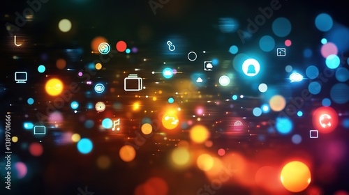 Floating media icons in vibrant digital space, symbolizing connectivity and innovation in a dynamic world.
