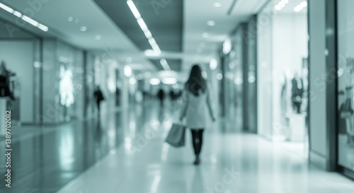 Woman walking away in a mall hallway with shopping bags in a blurred teal toned environment view