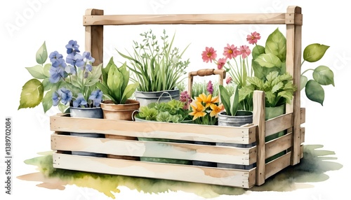 Arrangement of Potted Plants and Flowers in Wooden Crate