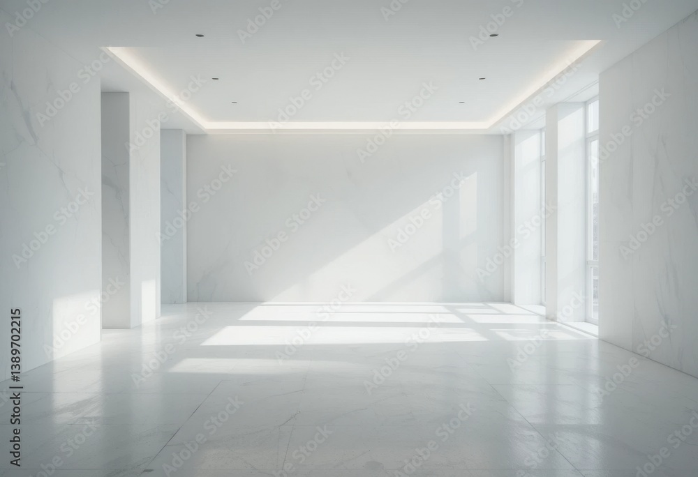 Fototapeta premium Espacio interior blanco relajante con sombras suaves, iluminación integrada y un piso limpio