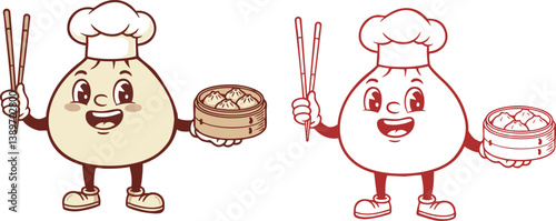 Retro logo set of cute character illustration of dumpling
