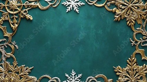 Winter solstice card crystal snowflake patterns on teal background frost effect borders framing blank message panel