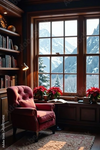 Cozy interior home library study with Christmas bookshelf, snowy mountains view through window, poinsettia holiday flowers,  library,  winter