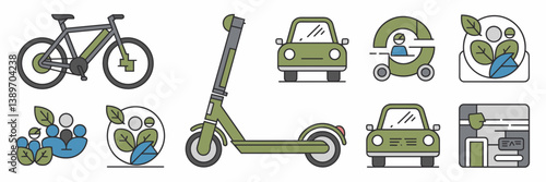 Eco transport icon set with green accents – Suitable for conservation materials, mobility startups, or sustainable lifestyle graphics