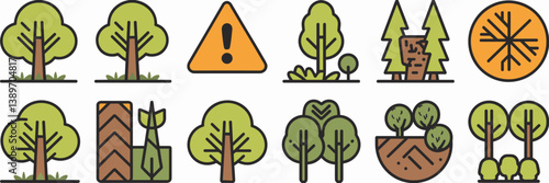 Minimalist forest conservation icons with deforestation and reforestation symbols – Ideal for eco-friendly branding, green tech presentations, or educational posters