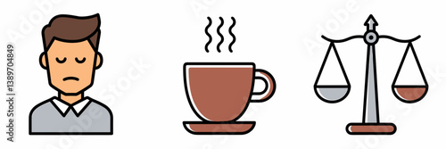 Icons of exhaustion, coffee addiction, and work-life balance in minimalist style