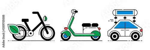 Clean vector design of eco transport icons – Perfect for app interfaces, infographics, or climate change awareness campaigns