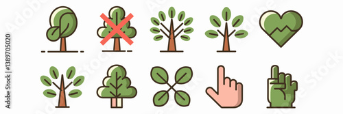 Forest conservation icons with warning signs and trees – Ideal for environmental education, reforestation campaigns, or eco-awareness materials