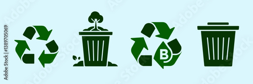 Recycling and waste symbol set with color bins and biodegradable icons – Suitable for eco guides, educational posters, or environmental infographics