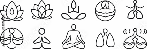 Vector icons of mindfulness with lotus flower, yoga poses, and breathing symbol
