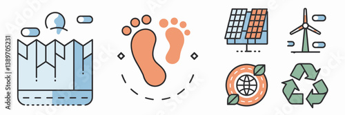 Modern global warming icon set with melting glacier and eco-friendly energy sources