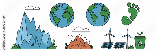 Minimalist global warming icon set with glacier, tired Earth, and renewable energy