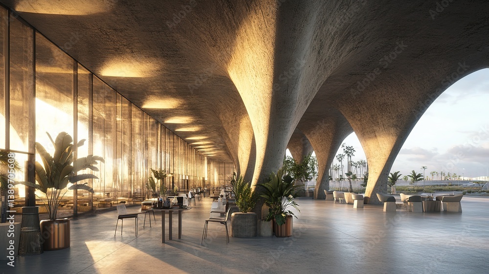 Fototapeta premium Modern Concrete Hall with Glowing Windows, Abstract Architectural Space 