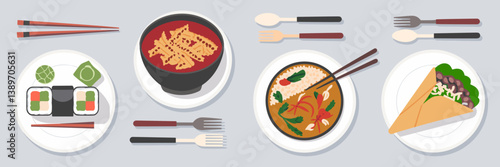 Icon set of international meals with sushi, pasta, curry, and burrito – Perfect for culinary infographics, recipe platforms, or educational materials.