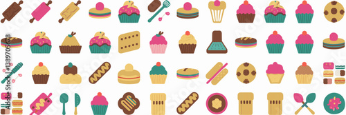 Baking and pastry tool icons in modern flat style – Great for culinary blogs, recipe apps, or kitchen branding