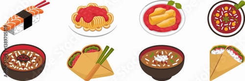 Flat vector icons of international cuisine – Ideal for travel apps, food delivery services, or global recipe blogs