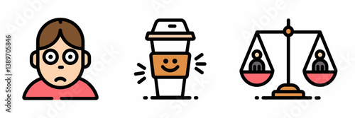Vector icon set of burnout with wide-eyed person, coffee cup, and work balance scale