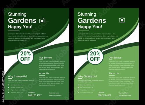 
lawn care garden or landscaping services Tree and gardening service poster leaflet design. lawnmower flyer template.
