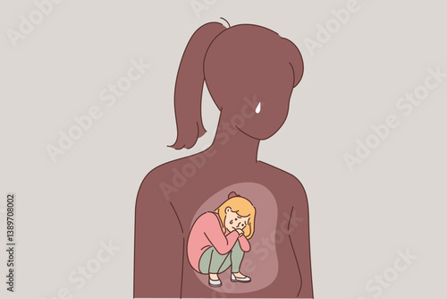 Childhood trauma destroys psychological health of woman who cries because of child sitting inside
