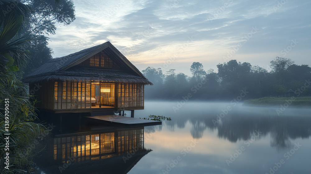 Fototapeta premium Bamboo framed house on riverside with reflections at dawn. Tranquil and serene