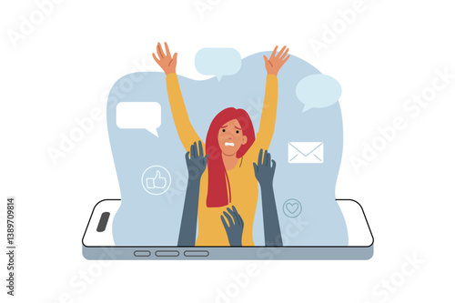 Problem of digital addiction, for woman drowning in mobile phone, due to overabundance of messages and news. Girl tries to escape from digital addiction and jump out of smartphone screen