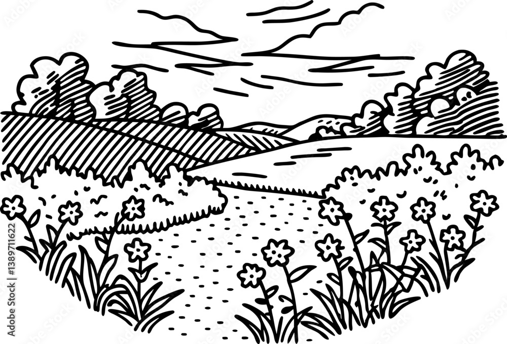 Fototapeta premium Scenic countryside landscape with flowers and hills tranquil nature, picturesque rural view