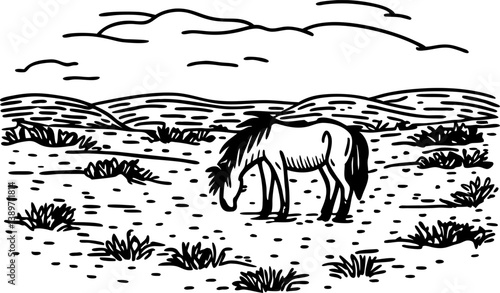desolate landscape with lone wild horse grazing under cloudy sky, simple black and white illustration