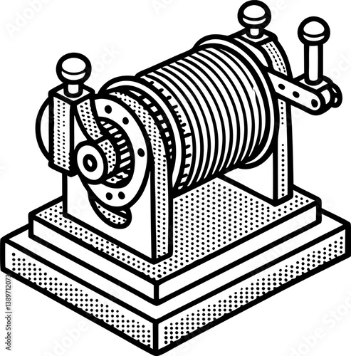 vintage mechanical winch illustration detailed engineering drawing with hand crank