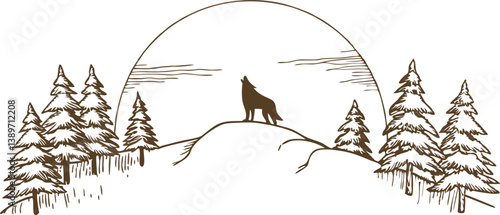 Silhouette of a howling wolf on a hilltop with pine trees and sunset sky