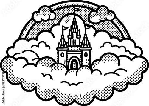 Majestic castle in clouds with rainbow, fantasy dreamland illustration