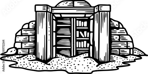 ancient tomb illustration mysterious burial site with stone entrance, sand and shadows