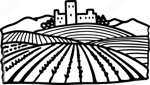 Vineyard landscape with rolling hills and historic castle, serene countryside illustration