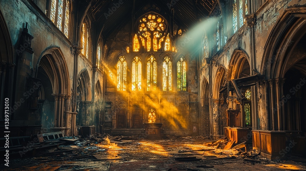 An abandoned church bathed in warm sunlight. Dust dances in the beams. Nature reclaims its space. A hauntingly beautiful scene invites reflection and exploration. Generative AI