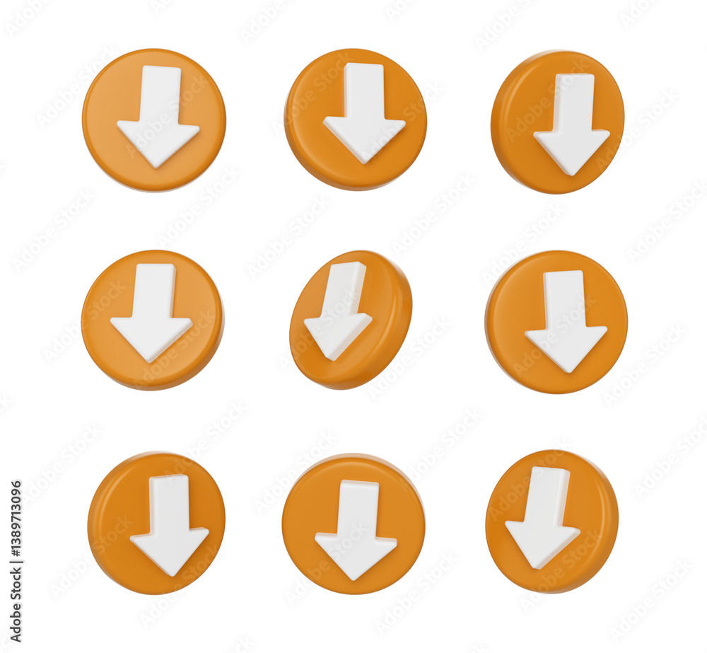 3D White downward arrows on Orange icon, symbolizing download or downward direction, 3d illustration 3D White downward arrows on Orange icon, symbolizing download or downward direction, 3d illustration