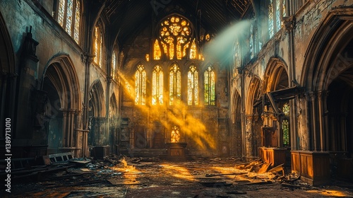 Obraz na płótnie An abandoned church bathed in warm sunlight. Dust dances in the beams. Nature reclaims its space. A hauntingly beautiful scene invites reflection and exploration. Generative AI w salonie