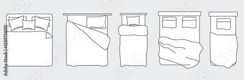 Beds outline top view. Floor plan icons set for design interior and architectural project. Furniture thin line icon in top view for layout.