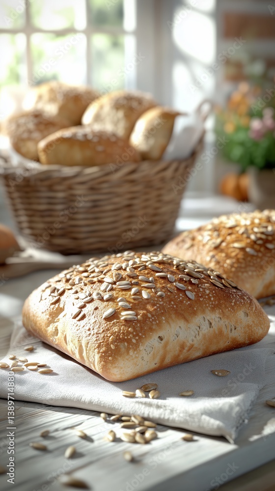 Freshly Baked Artisan Bread Rolls Displayed on a Kitchen Table With a Woven Basket and Flowers Freshly Baked Artisan Bread Rolls Displayed on a Kitchen Table With a Woven Basket and Flowers